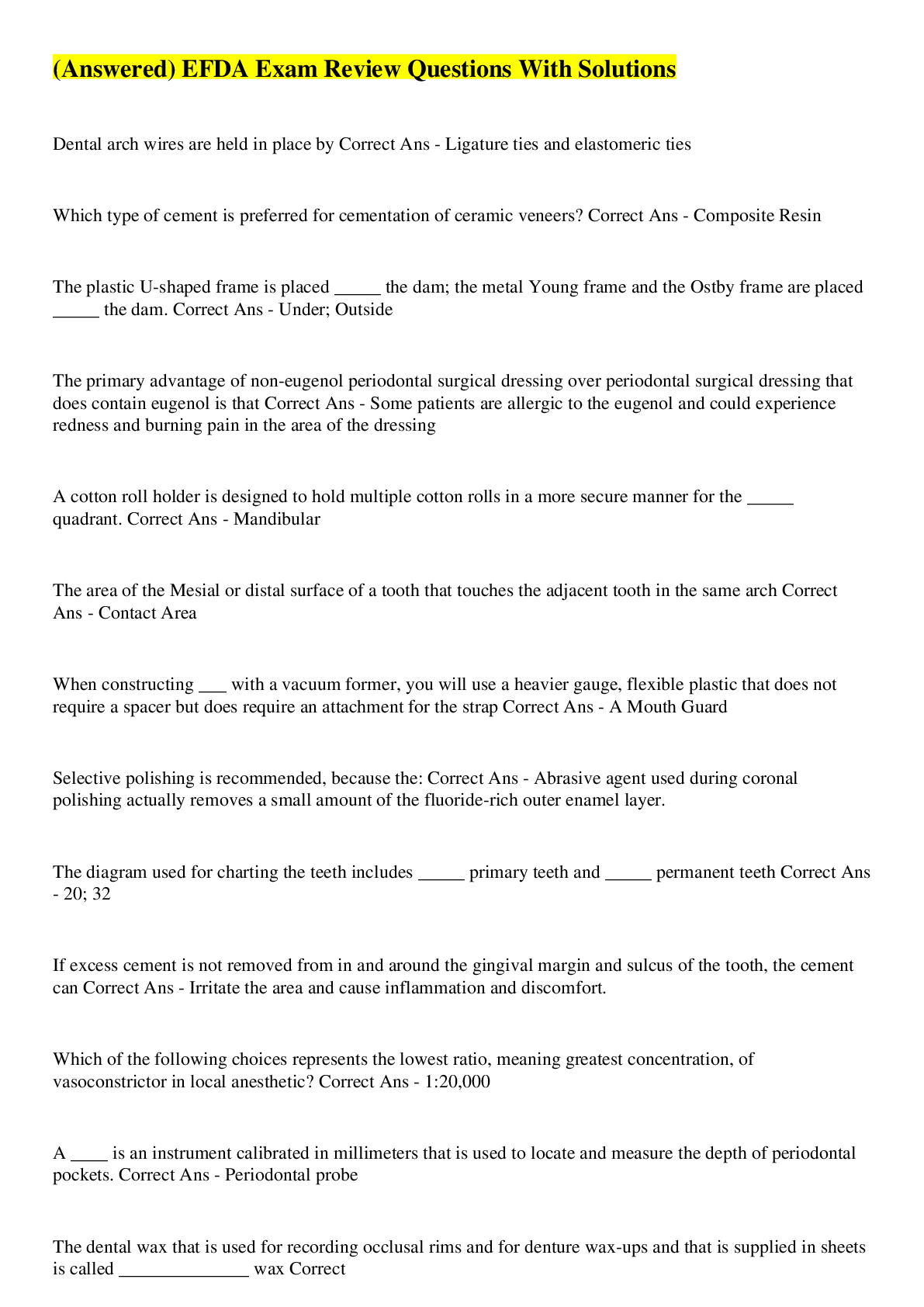 Preview image for (Answered) EFDA Exam Review Questions With Solutions